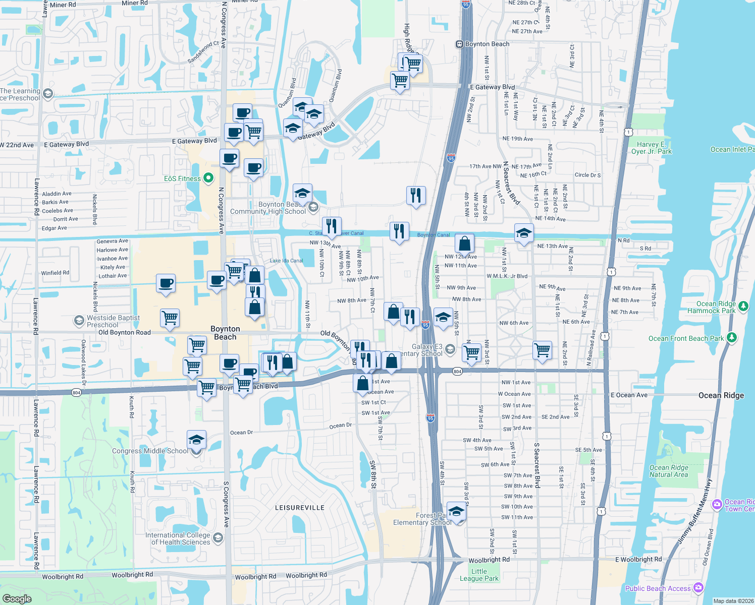 map of restaurants, bars, coffee shops, grocery stores, and more near 816 Northwest 8th Avenue in Boynton Beach