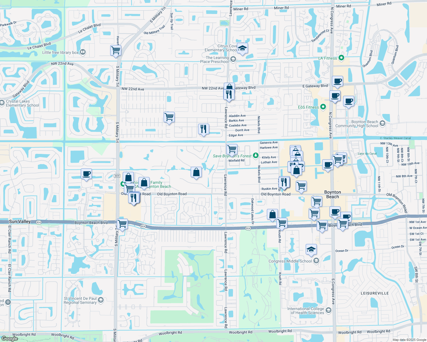 map of restaurants, bars, coffee shops, grocery stores, and more near 9519 Calliandra Drive in Boynton Beach