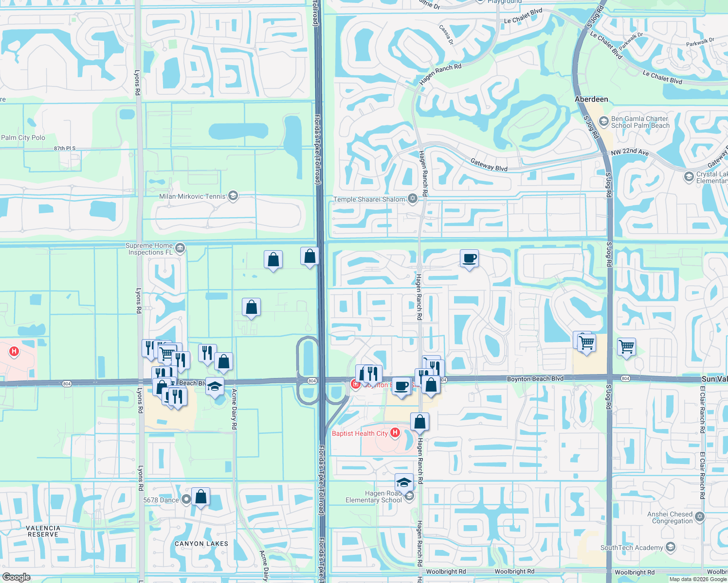 map of restaurants, bars, coffee shops, grocery stores, and more near 9511 Cherry Blossom Terrace in Boynton Beach