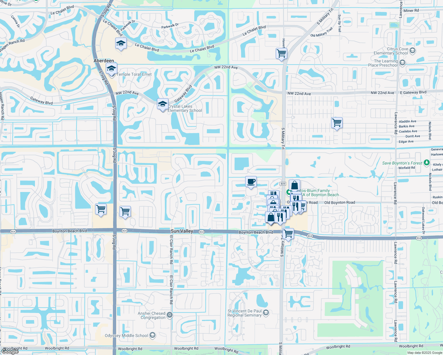 map of restaurants, bars, coffee shops, grocery stores, and more near 9471 Sun Pointe Drive in Boynton Beach
