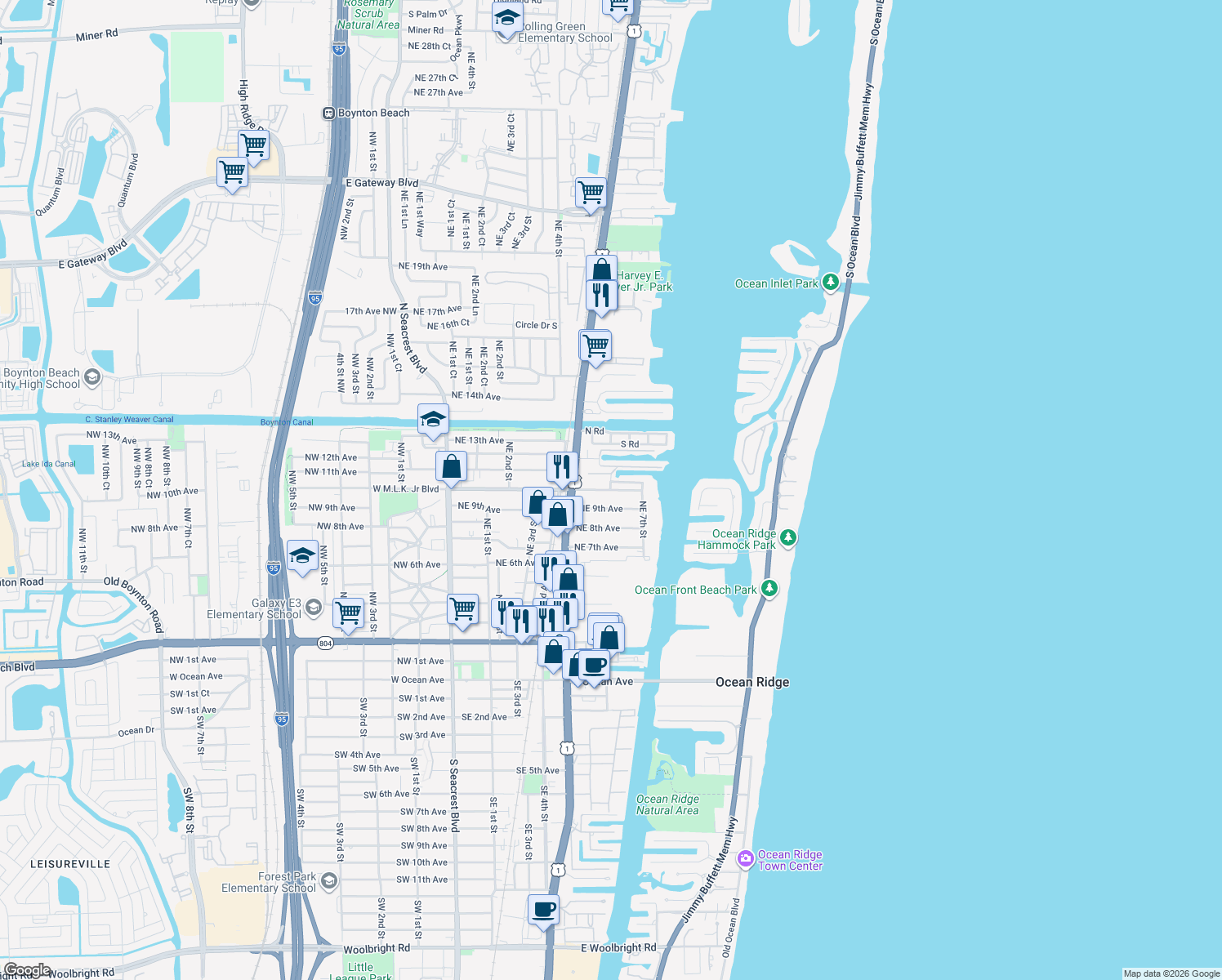 map of restaurants, bars, coffee shops, grocery stores, and more near 702 Northeast 10th Avenue in Boynton Beach