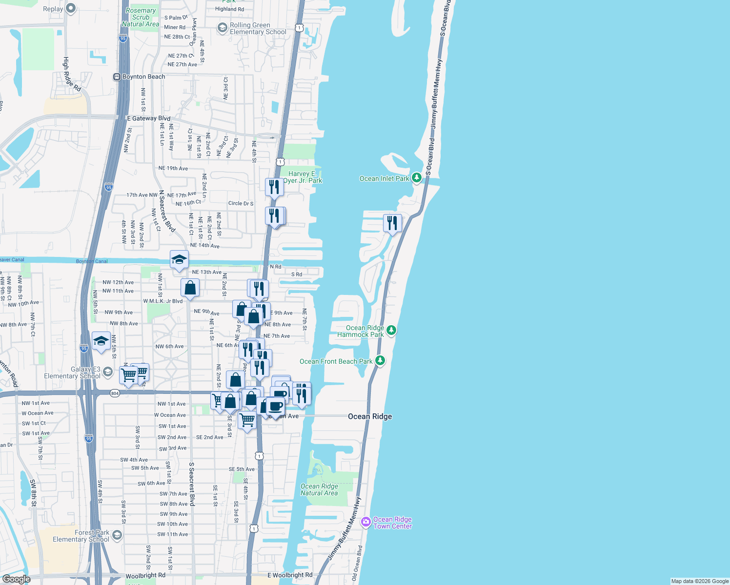 map of restaurants, bars, coffee shops, grocery stores, and more near 13 Sabal Island Drive in Boynton Beach