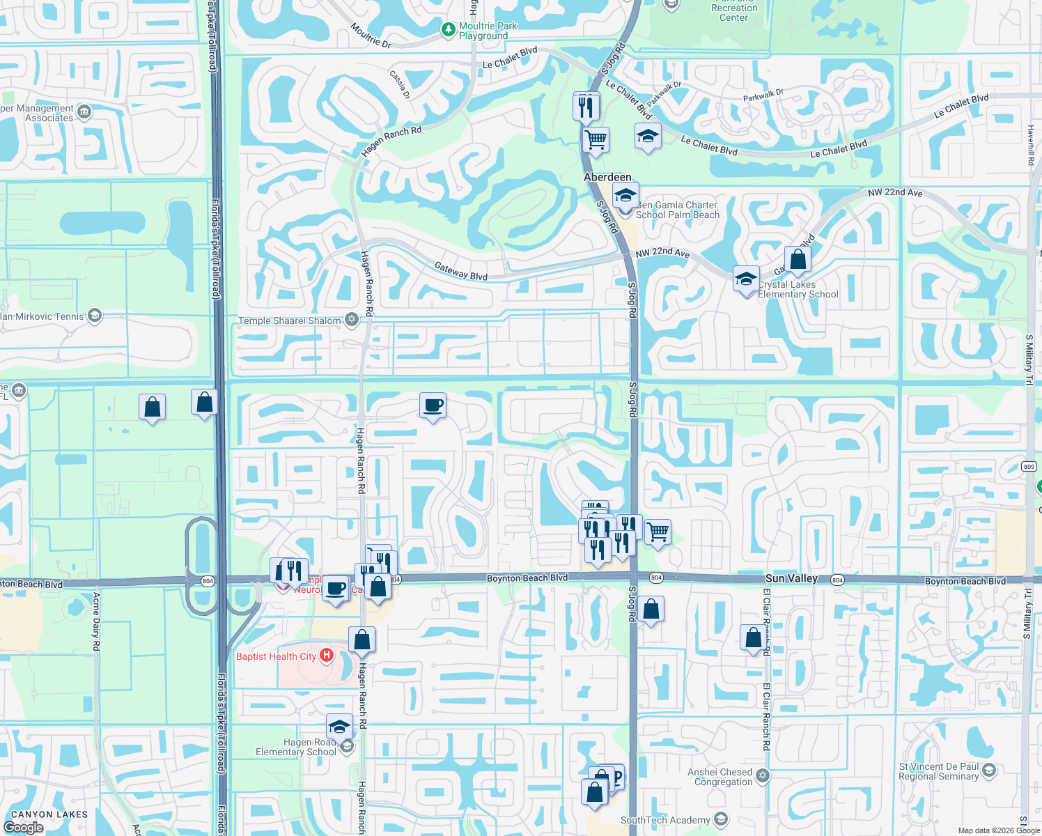 map of restaurants, bars, coffee shops, grocery stores, and more near 9299 Pearch Lane in Boynton Beach