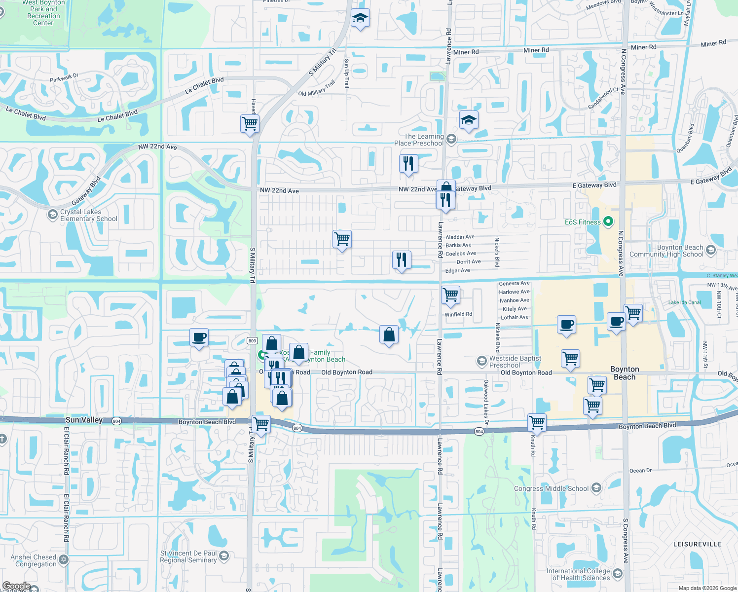 map of restaurants, bars, coffee shops, grocery stores, and more near 4378 Juniper Terrace in Boynton Beach