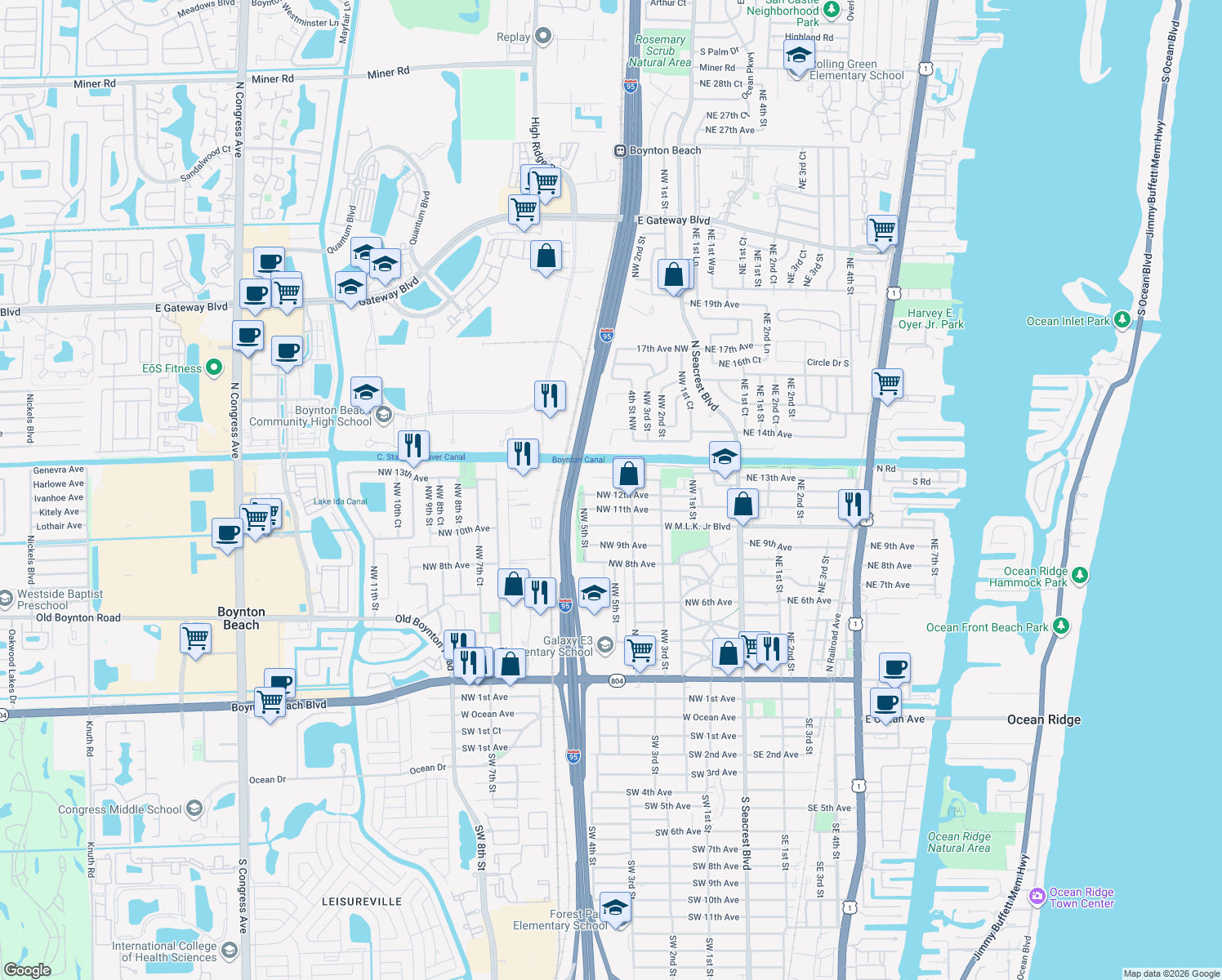 map of restaurants, bars, coffee shops, grocery stores, and more near 525 Northwest 12th Avenue in Boynton Beach