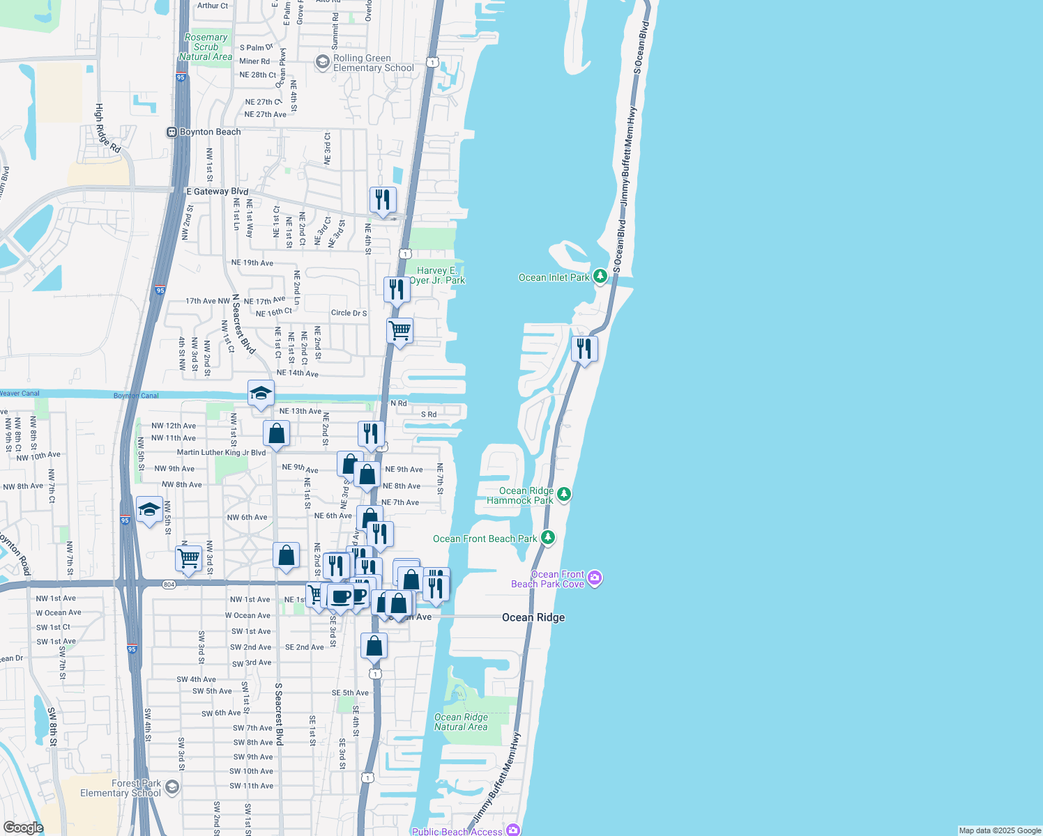 map of restaurants, bars, coffee shops, grocery stores, and more near 9 Sabal Island Dr in Boynton Beach