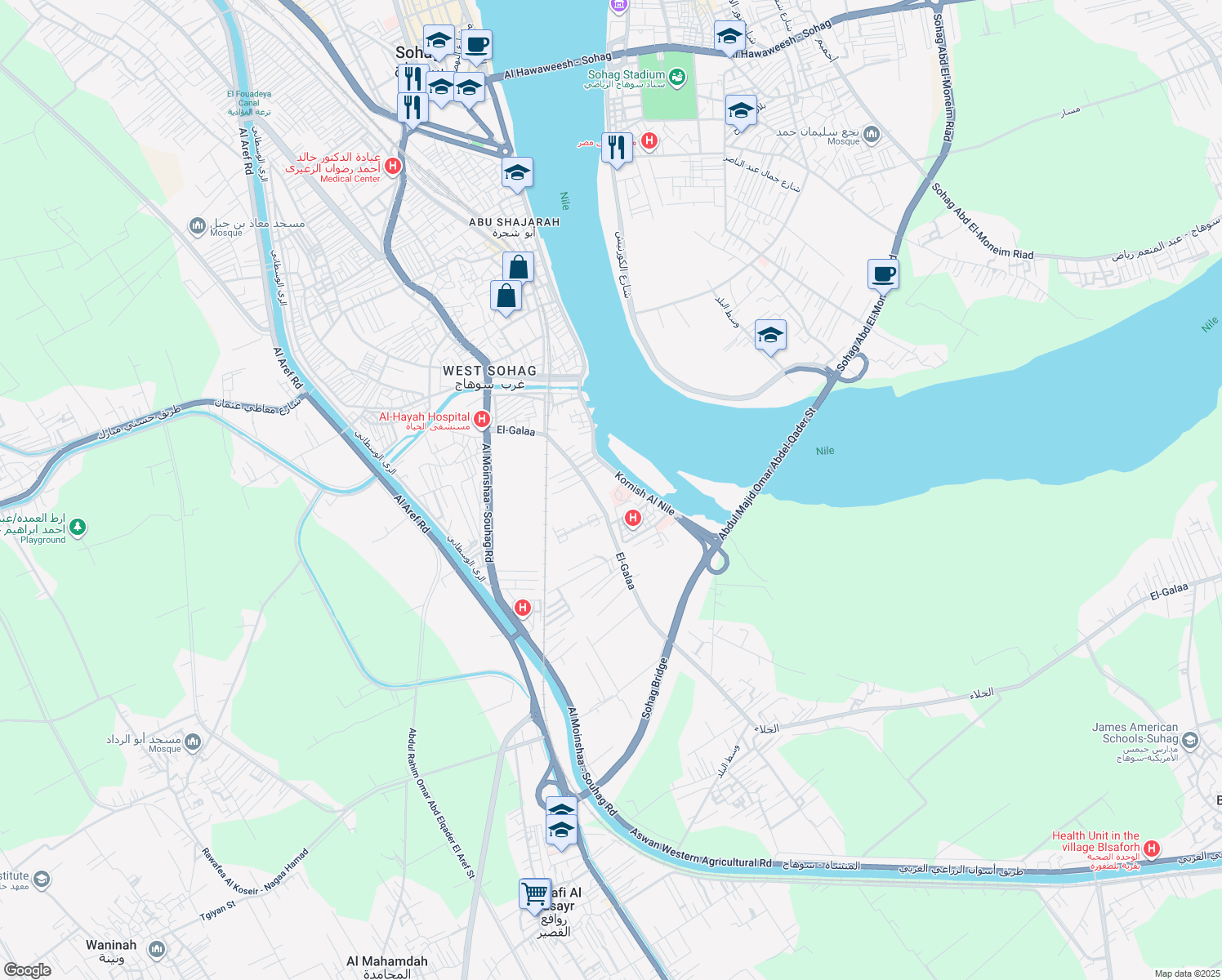 map of restaurants, bars, coffee shops, grocery stores, and more near in قسم أول سوهاج،