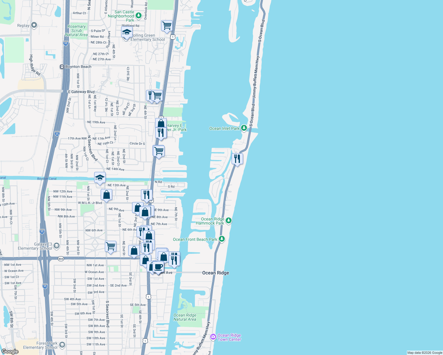 map of restaurants, bars, coffee shops, grocery stores, and more near 1 Sabal Island Drive in Boynton Beach