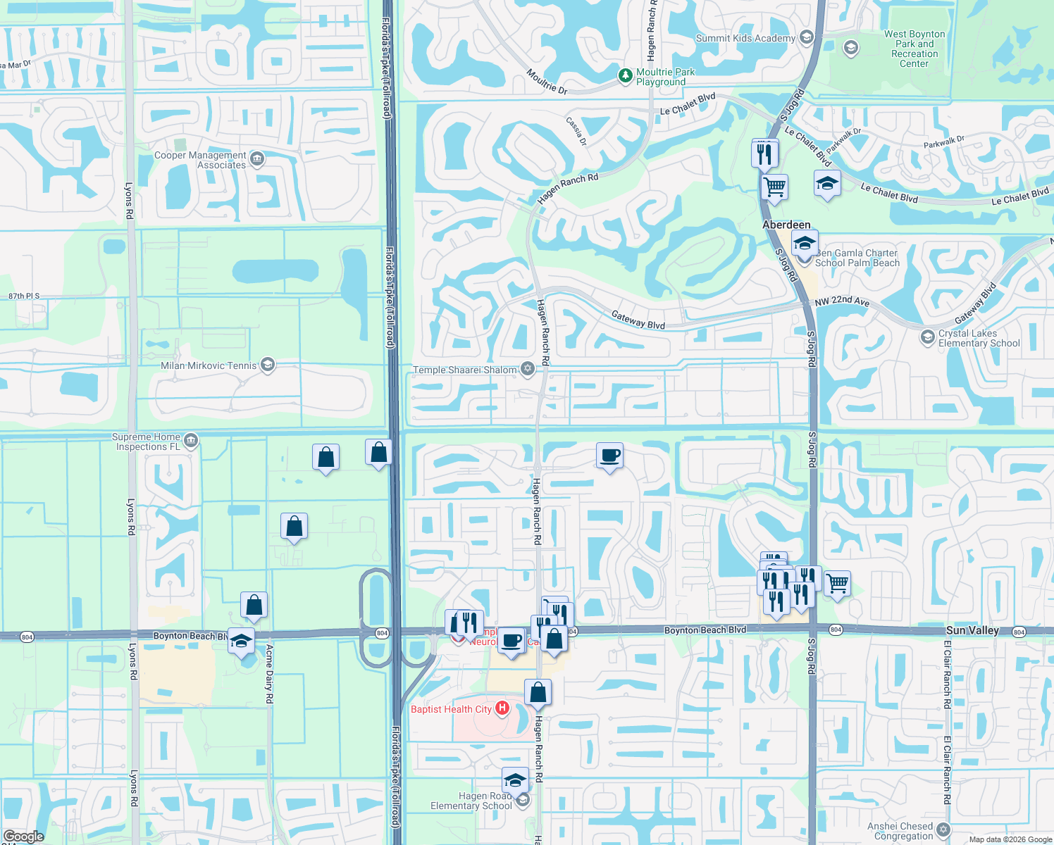 map of restaurants, bars, coffee shops, grocery stores, and more near 7548 Caprio Drive in Boynton Beach