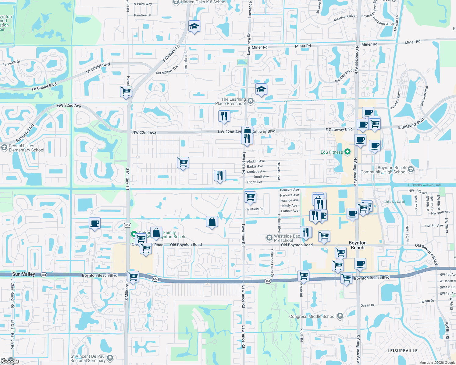 map of restaurants, bars, coffee shops, grocery stores, and more near 4079 Artesa Dr in Boynton Beach