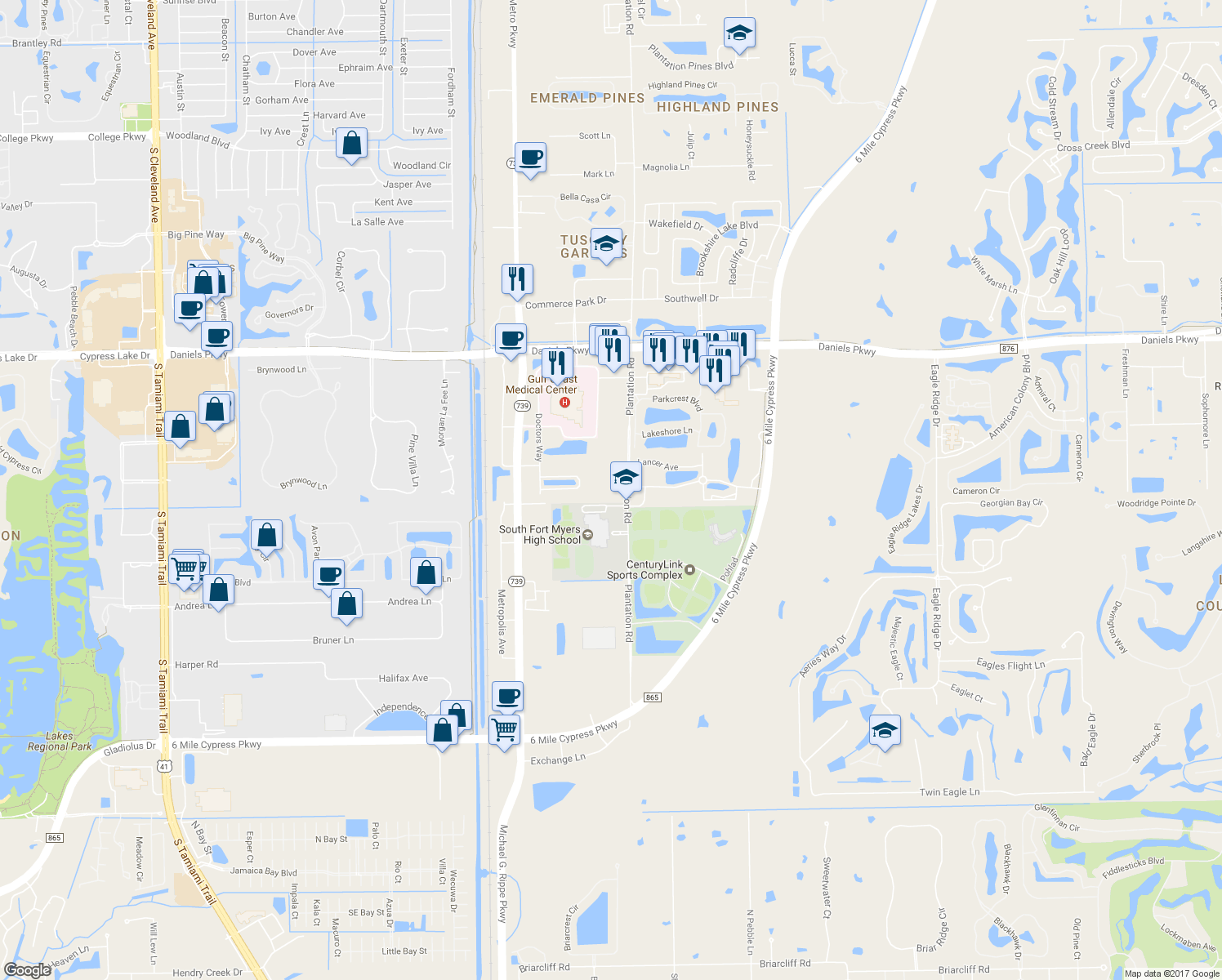 map of restaurants, bars, coffee shops, grocery stores, and more near 13960 Plantation Road in Fort Myers