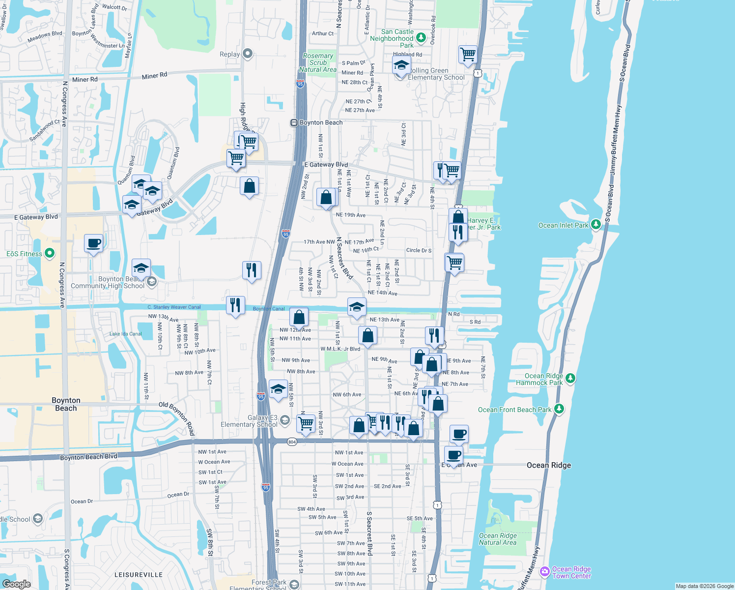 map of restaurants, bars, coffee shops, grocery stores, and more near 1414 North Seacrest Boulevard in Boynton Beach