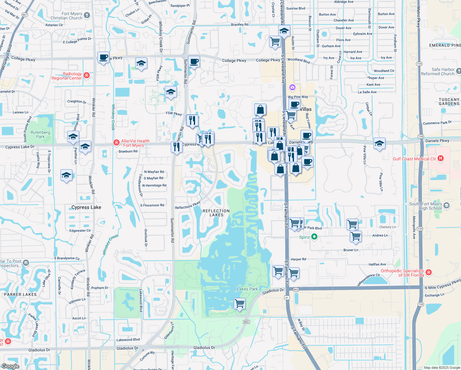 map of restaurants, bars, coffee shops, grocery stores, and more near 13766 Bald Cypress Circle in Fort Myers