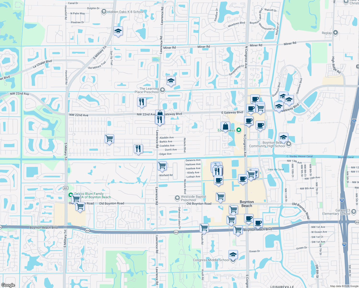 map of restaurants, bars, coffee shops, grocery stores, and more near 3753 Coelebs Avenue in Boynton Beach