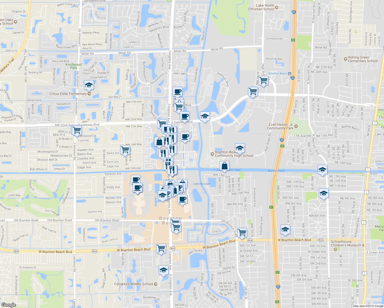 map of restaurants, bars, coffee shops, grocery stores, and more near in Boynton Beach