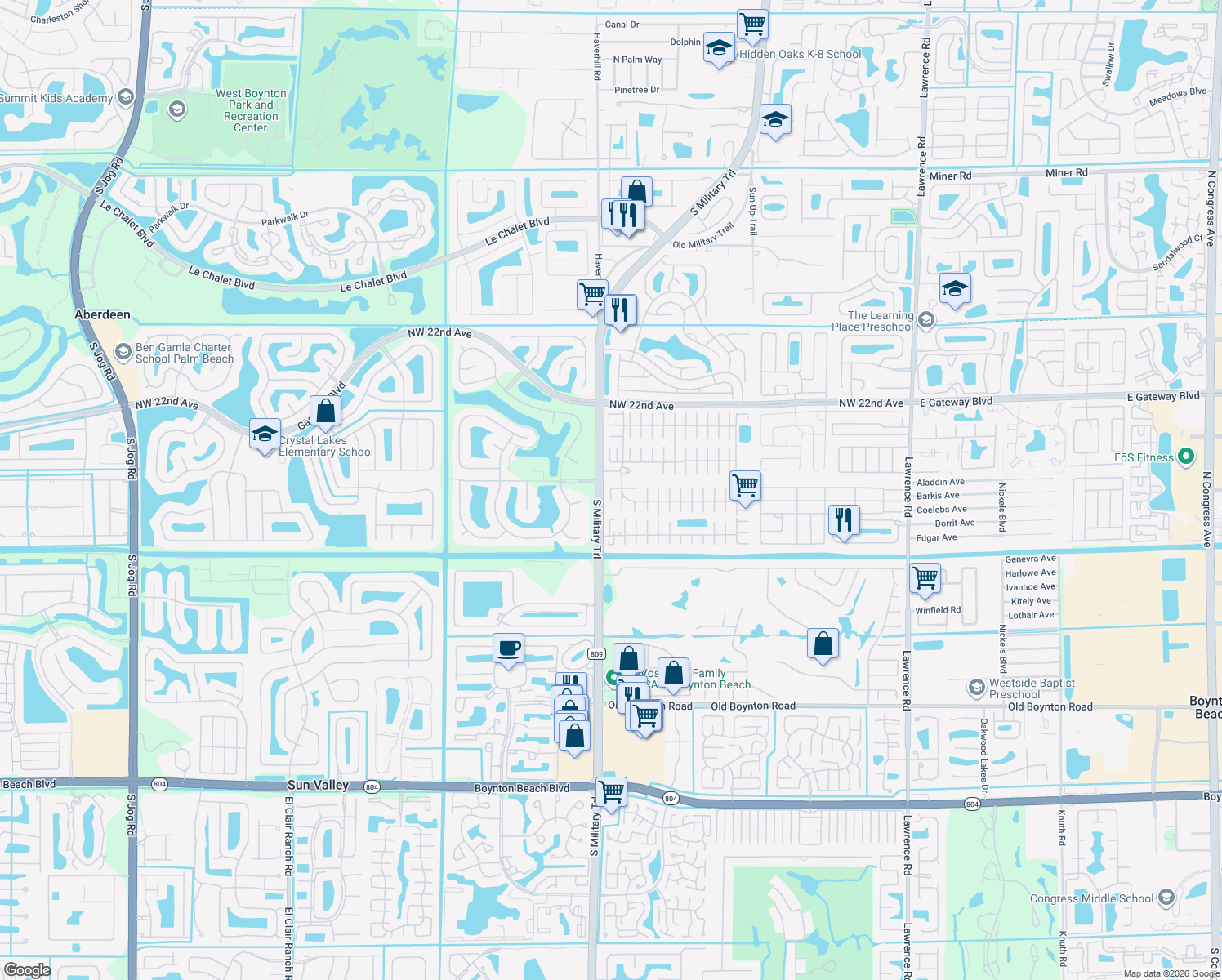 map of restaurants, bars, coffee shops, grocery stores, and more near 1011 Andros Bay in Boynton Beach
