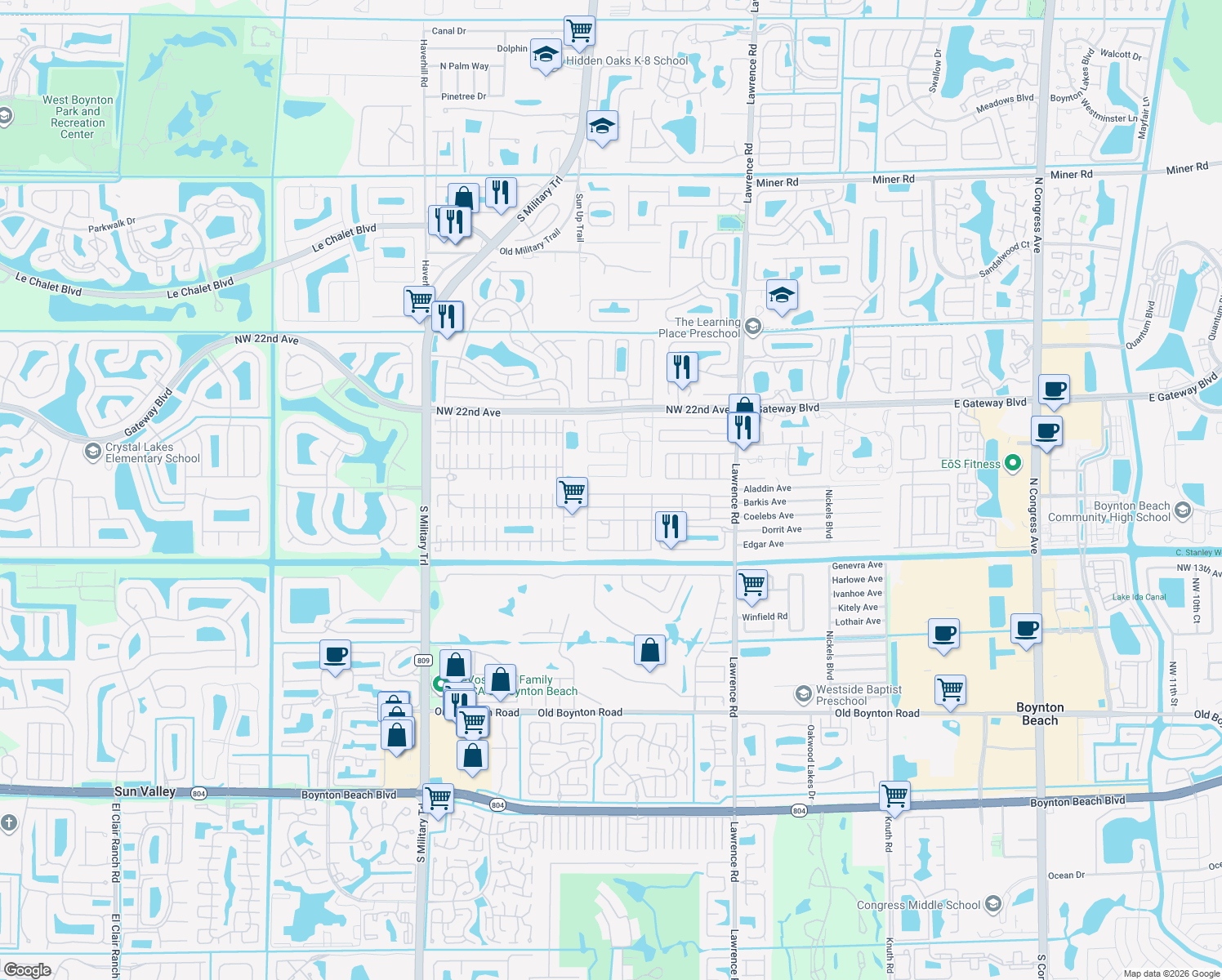 map of restaurants, bars, coffee shops, grocery stores, and more near 4385 Mockingbird Drive in Boynton Beach
