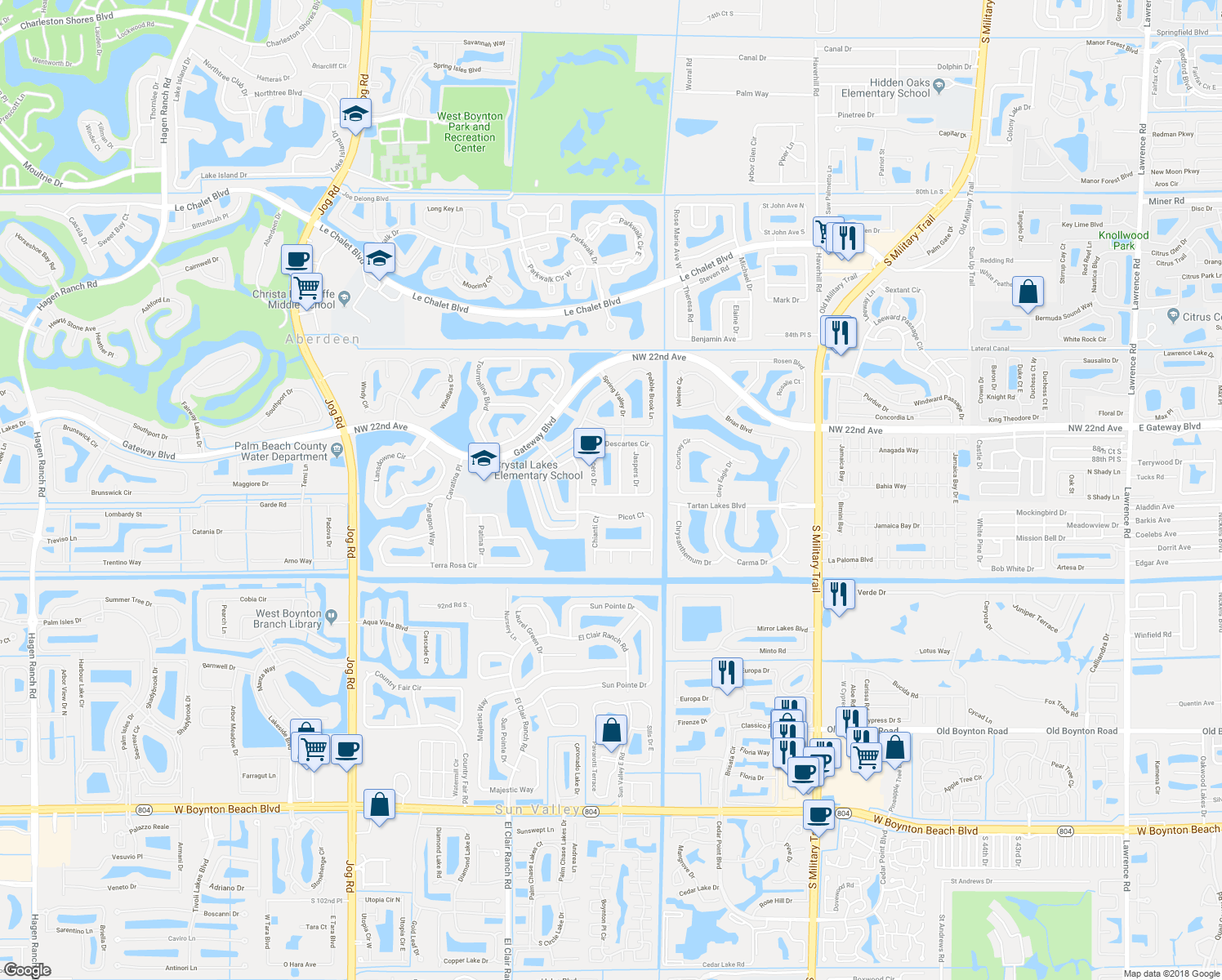 map of restaurants, bars, coffee shops, grocery stores, and more near 5528 Descartes Circle in Boynton Beach