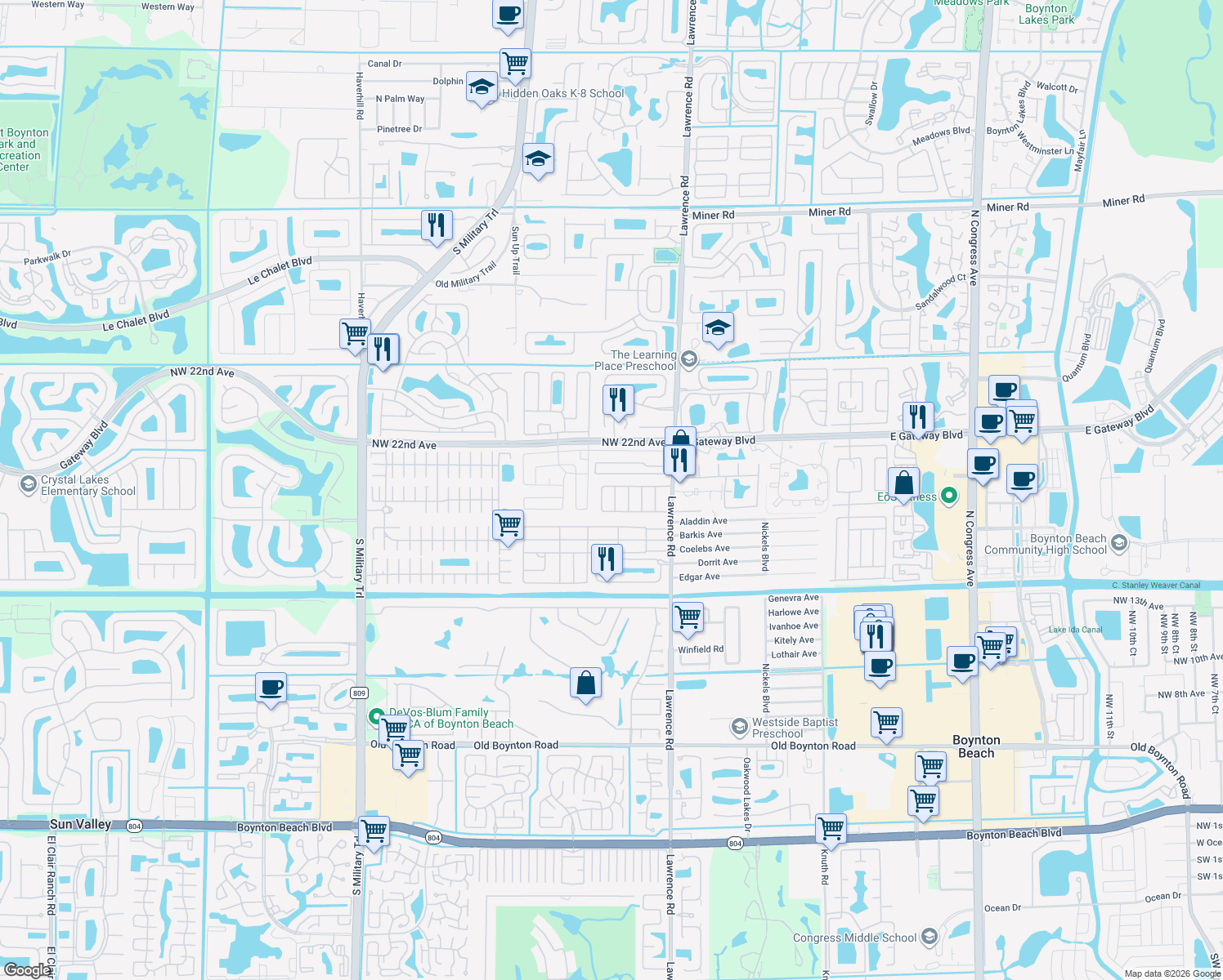 map of restaurants, bars, coffee shops, grocery stores, and more near 8903 Oak Street in Boynton Beach