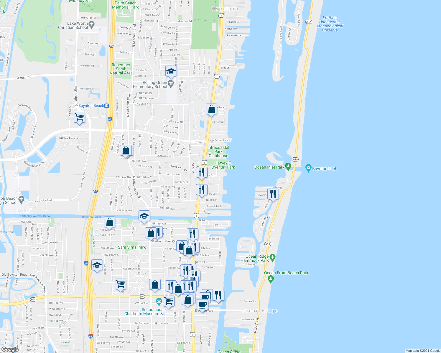 map of restaurants, bars, coffee shops, grocery stores, and more near 16 Vía Lago in Boynton Beach