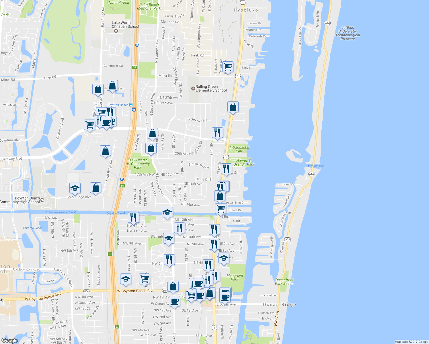map of restaurants, bars, coffee shops, grocery stores, and more near 165 B Street in Boynton Beach