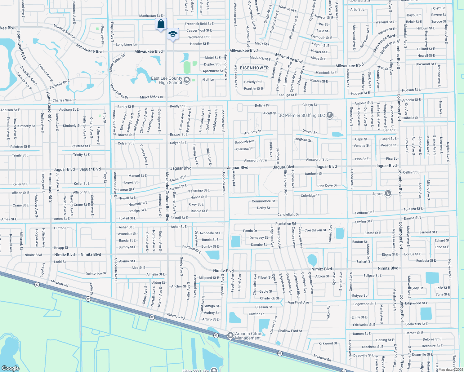 map of restaurants, bars, coffee shops, grocery stores, and more near 820 Ashley Road in Lehigh Acres