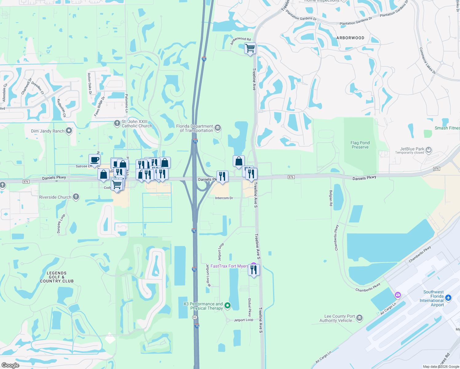 map of restaurants, bars, coffee shops, grocery stores, and more near 10100 Daniels Parkway in Fort Myers