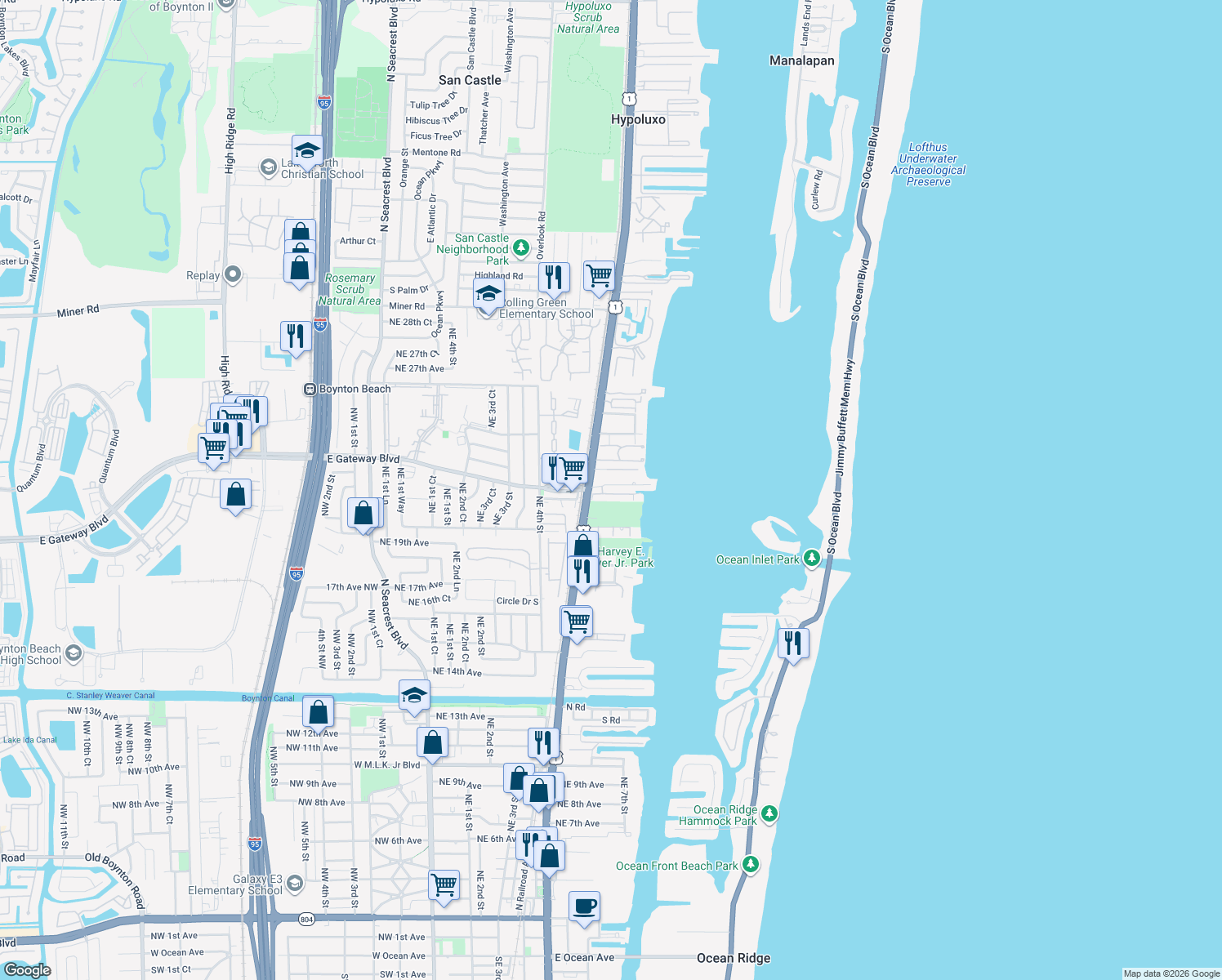 map of restaurants, bars, coffee shops, grocery stores, and more near 632 Las Palmas Park in Boynton Beach