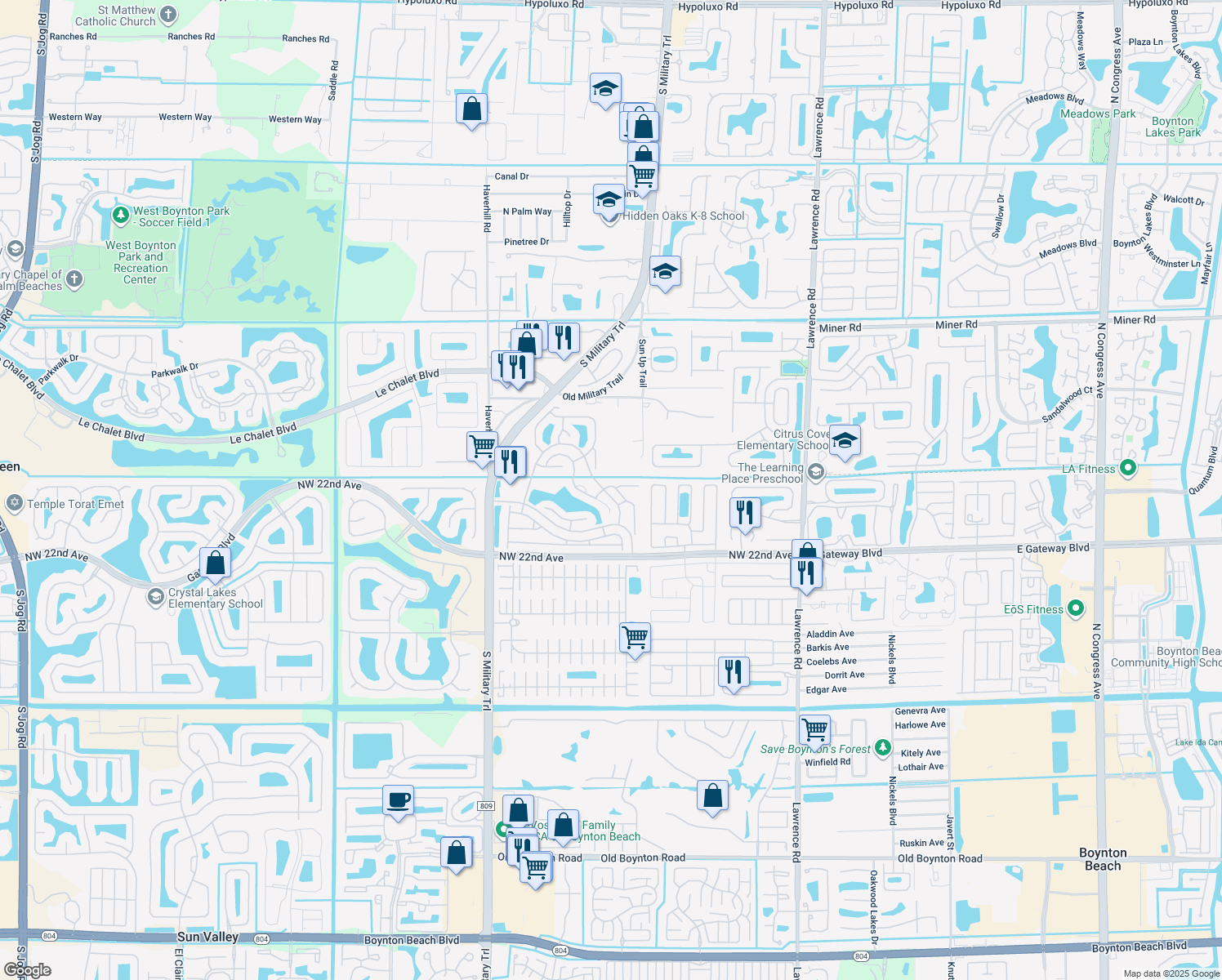 map of restaurants, bars, coffee shops, grocery stores, and more near 8771 Boatswain Drive in Boynton Beach