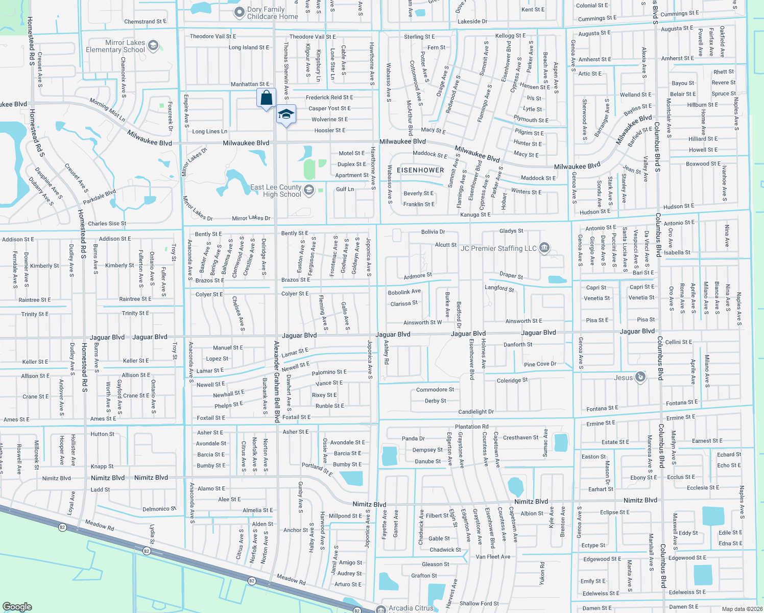 map of restaurants, bars, coffee shops, grocery stores, and more near 778 Ashley Road in Lehigh Acres