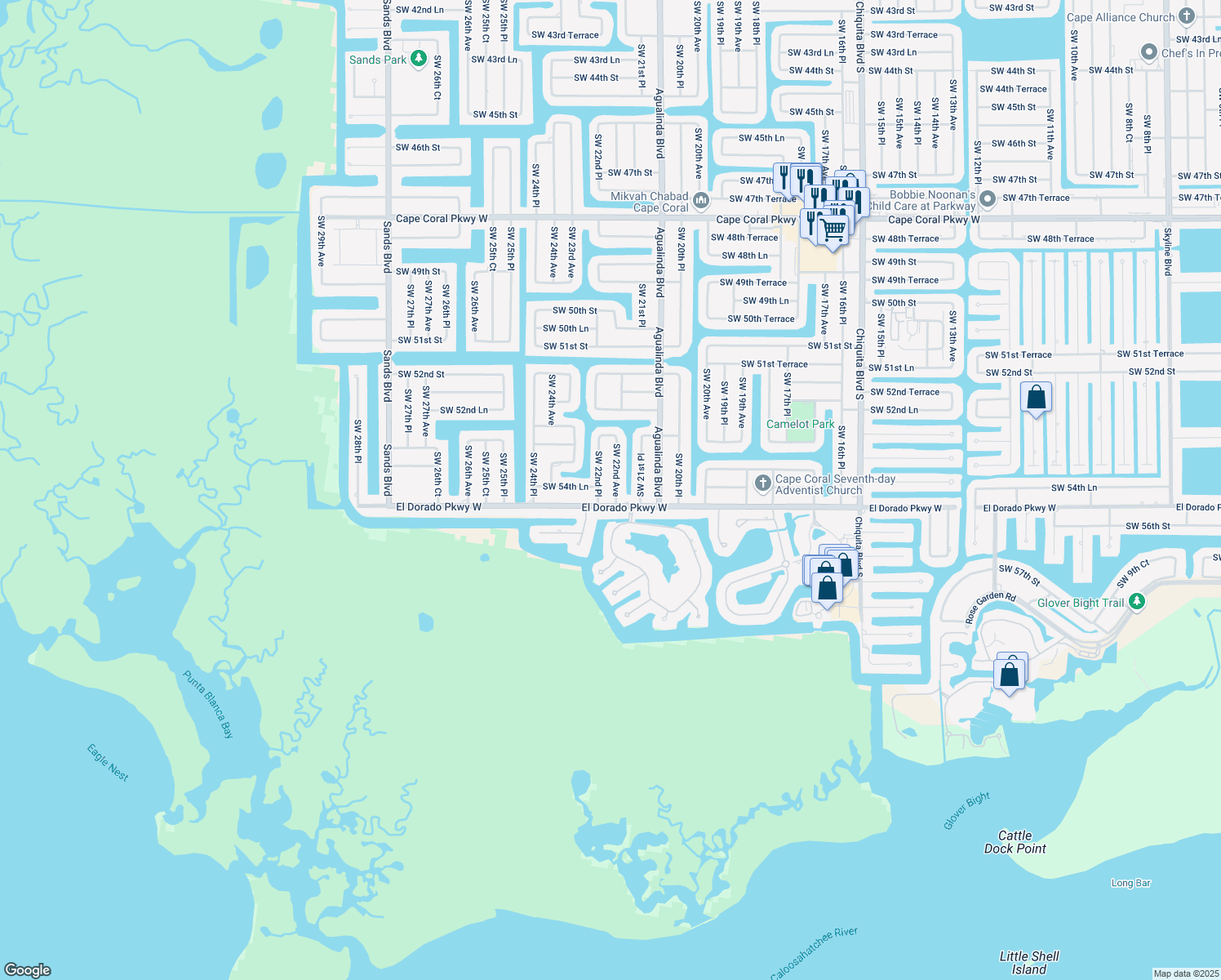 map of restaurants, bars, coffee shops, grocery stores, and more near 5422 Southwest 22nd Avenue in Cape Coral