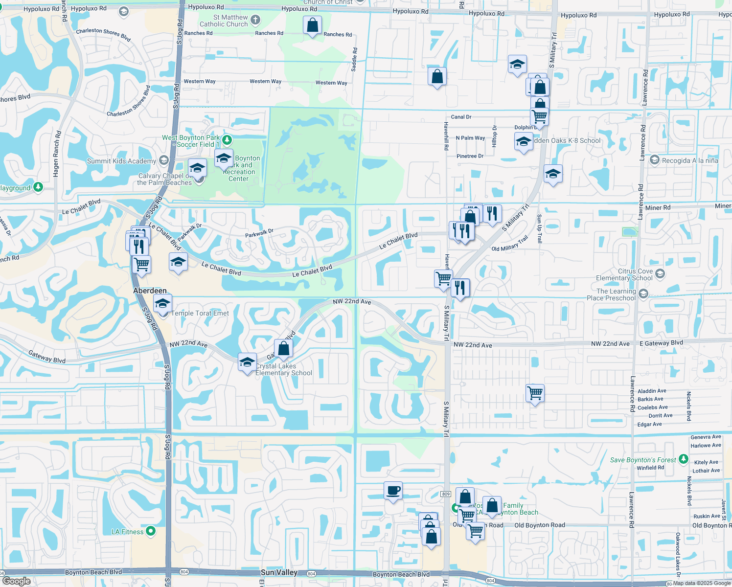 map of restaurants, bars, coffee shops, grocery stores, and more near 5440 Benjamin Avenue in Boynton Beach
