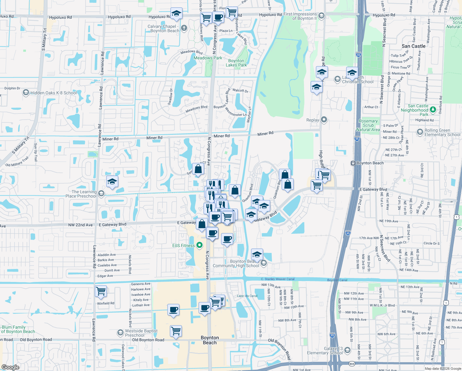 map of restaurants, bars, coffee shops, grocery stores, and more near 27 Vista Del Rio in Boynton Beach