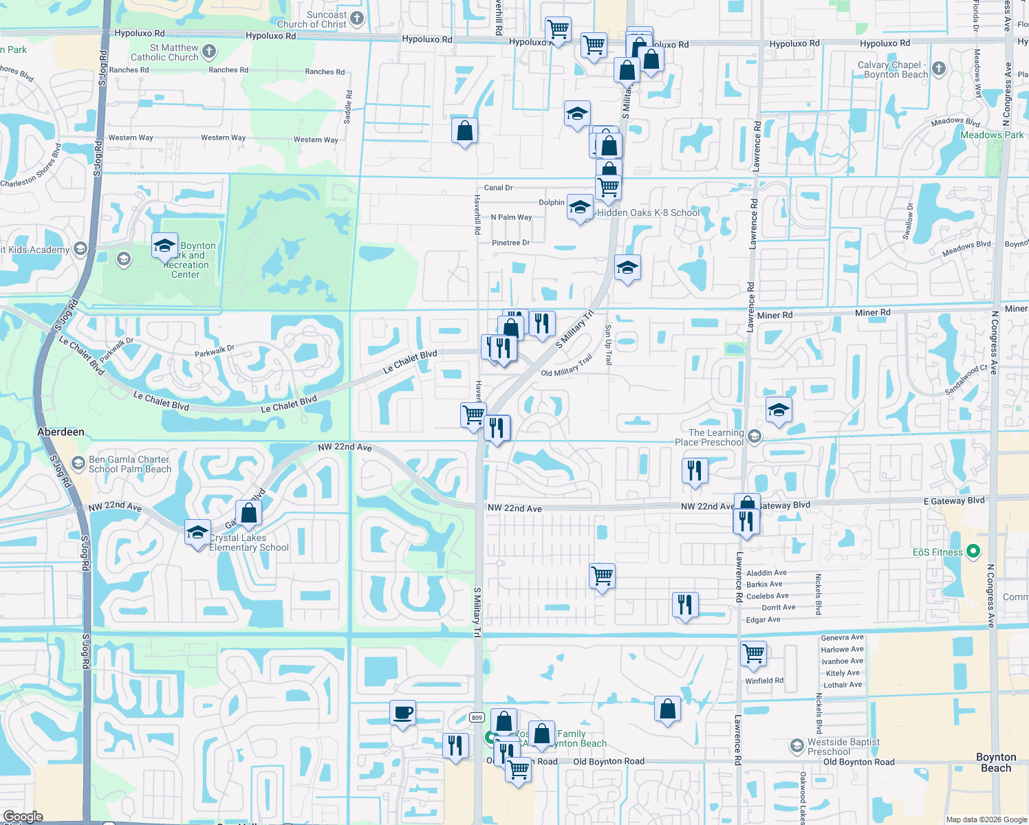 map of restaurants, bars, coffee shops, grocery stores, and more near 8491 Leeway Lane in Boynton Beach