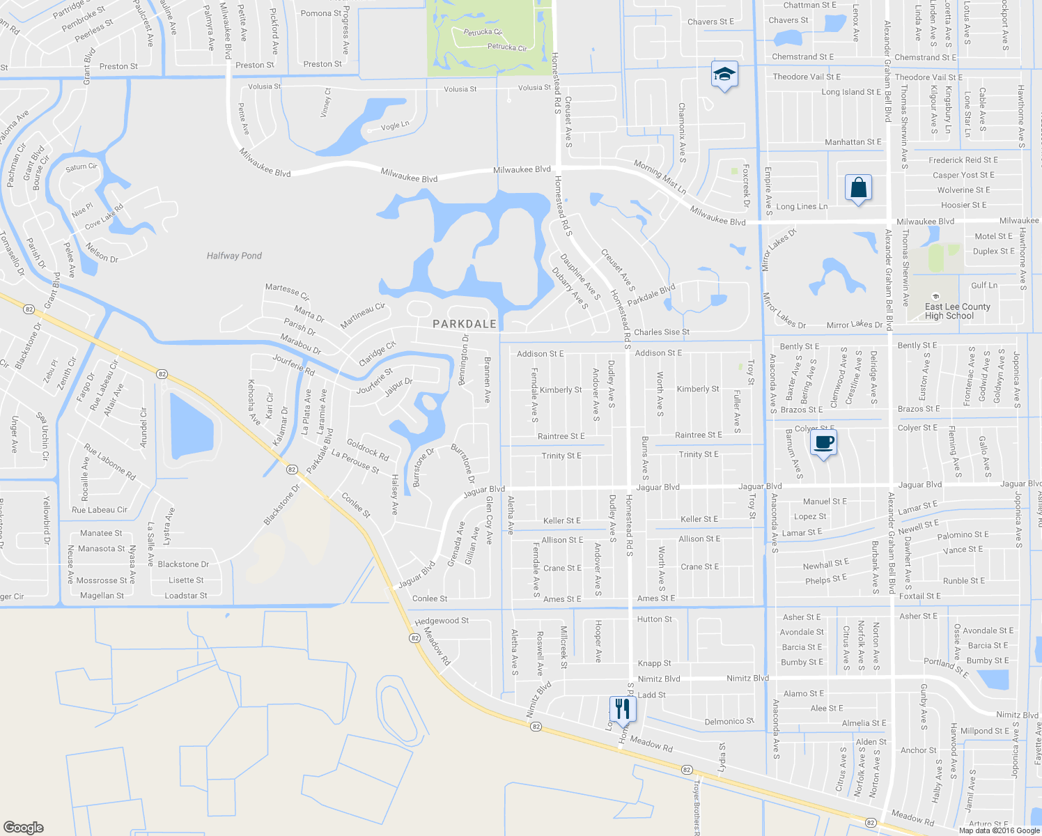 map of restaurants, bars, coffee shops, grocery stores, and more near 509 Raintree Street East in Lehigh Acres