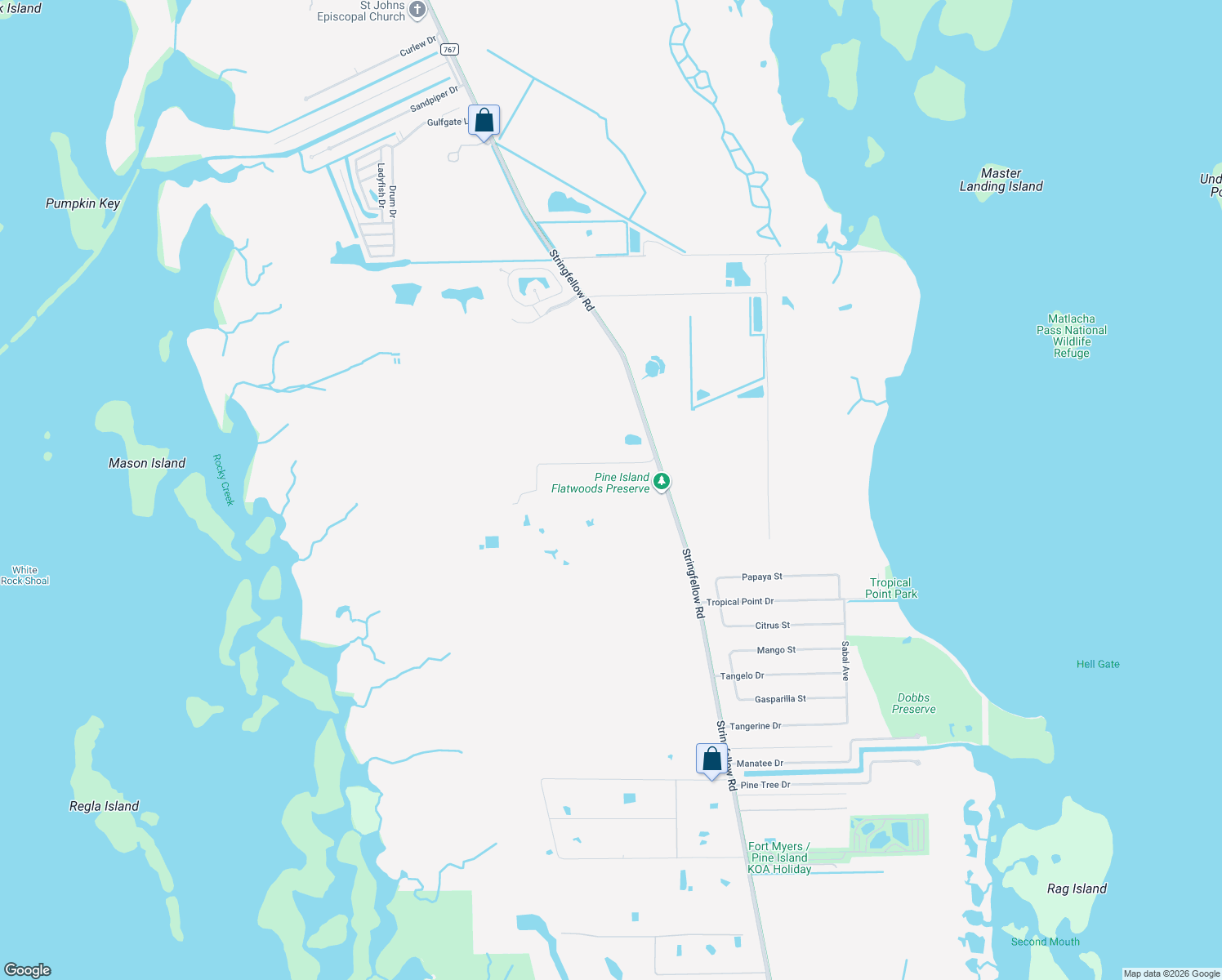 map of restaurants, bars, coffee shops, grocery stores, and more near Monaco Lake Drive in Saint James City