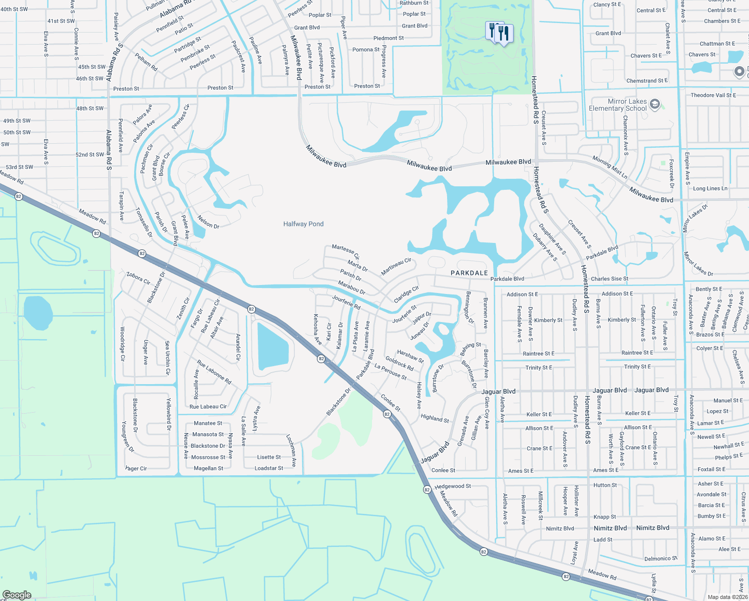 map of restaurants, bars, coffee shops, grocery stores, and more near 352 Marabou Drive in Lehigh Acres