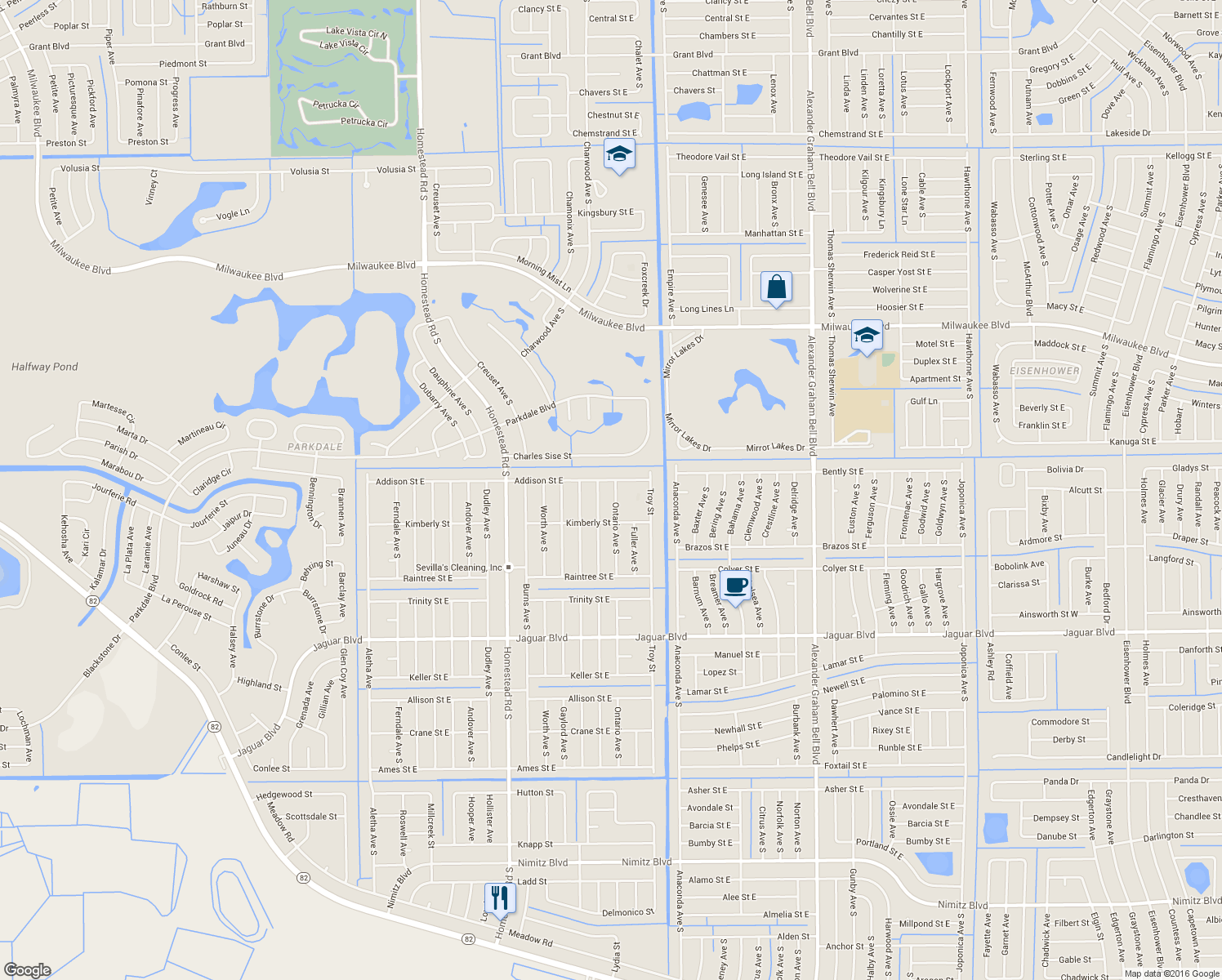 map of restaurants, bars, coffee shops, grocery stores, and more near 710 Ontario Ave S in Lehigh Acres