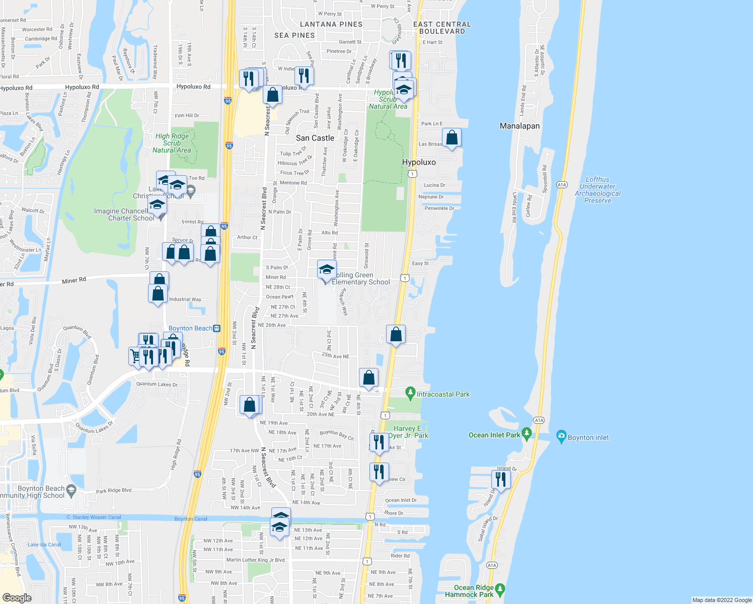 map of restaurants, bars, coffee shops, grocery stores, and more near 501 Waterside Drive in Hypoluxo