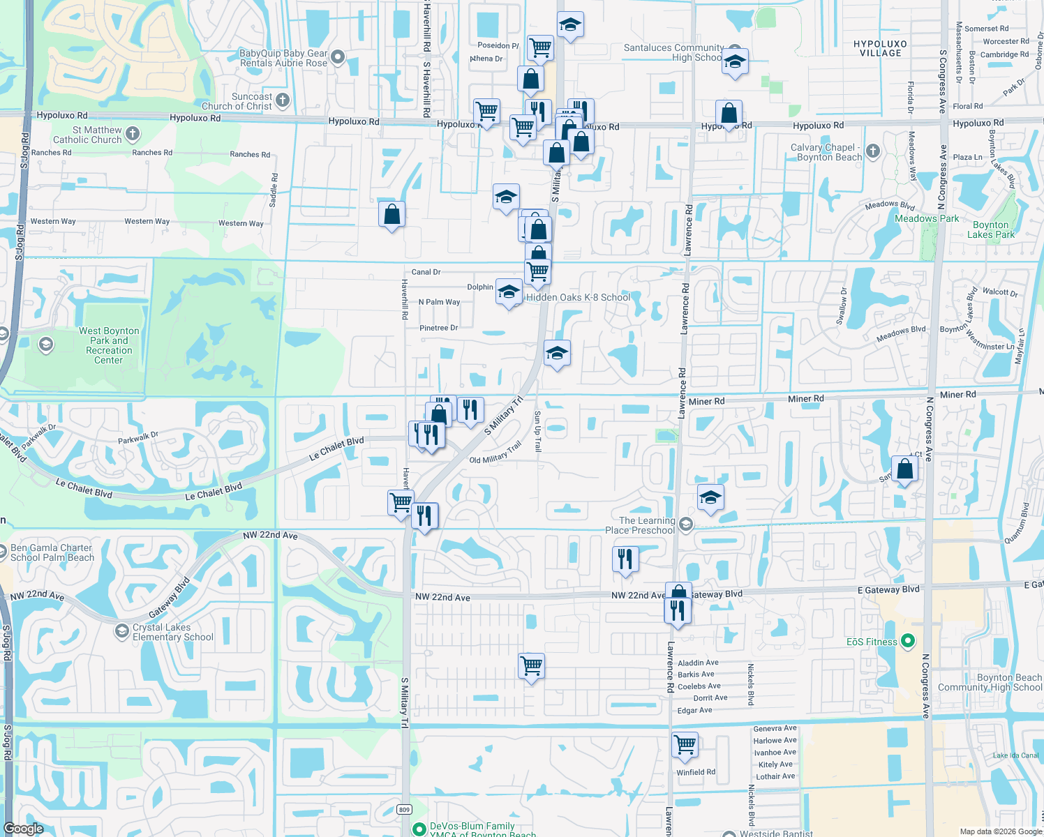 map of restaurants, bars, coffee shops, grocery stores, and more near 8122 Palm Gate Drive in Boynton Beach
