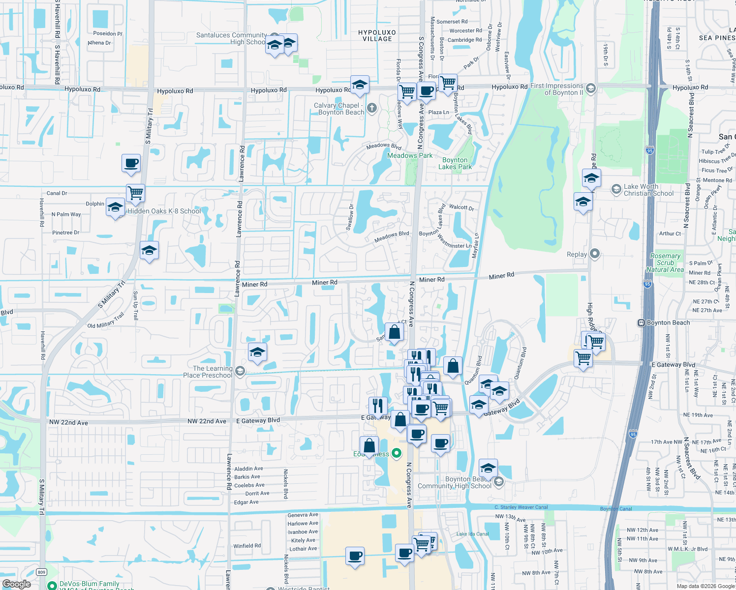 map of restaurants, bars, coffee shops, grocery stores, and more near 749 Buttonwood Lane in Boynton Beach