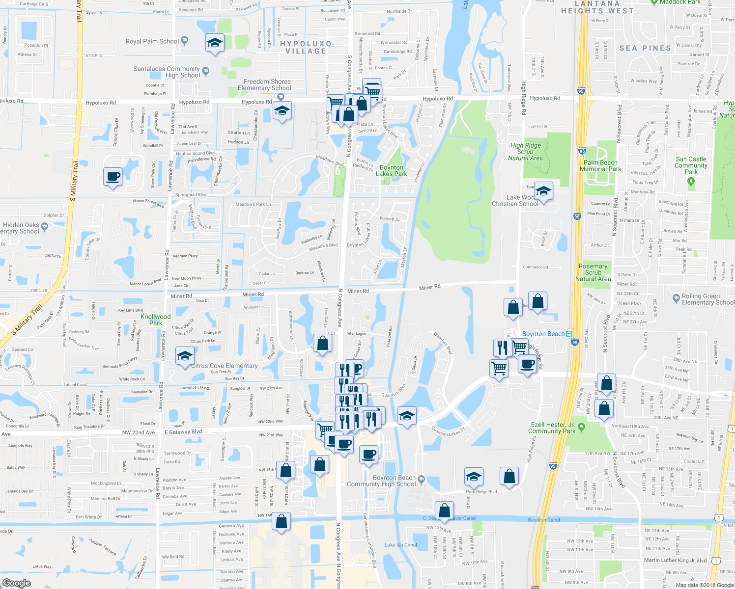 map of restaurants, bars, coffee shops, grocery stores, and more near 28 Vía De Casas Norte in Boynton Beach
