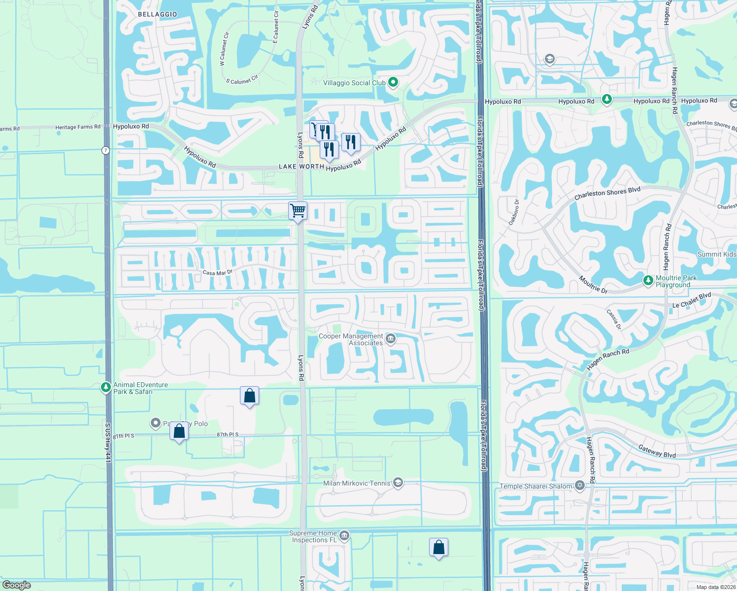 map of restaurants, bars, coffee shops, grocery stores, and more near 8544 Logia Circle in Boynton Beach