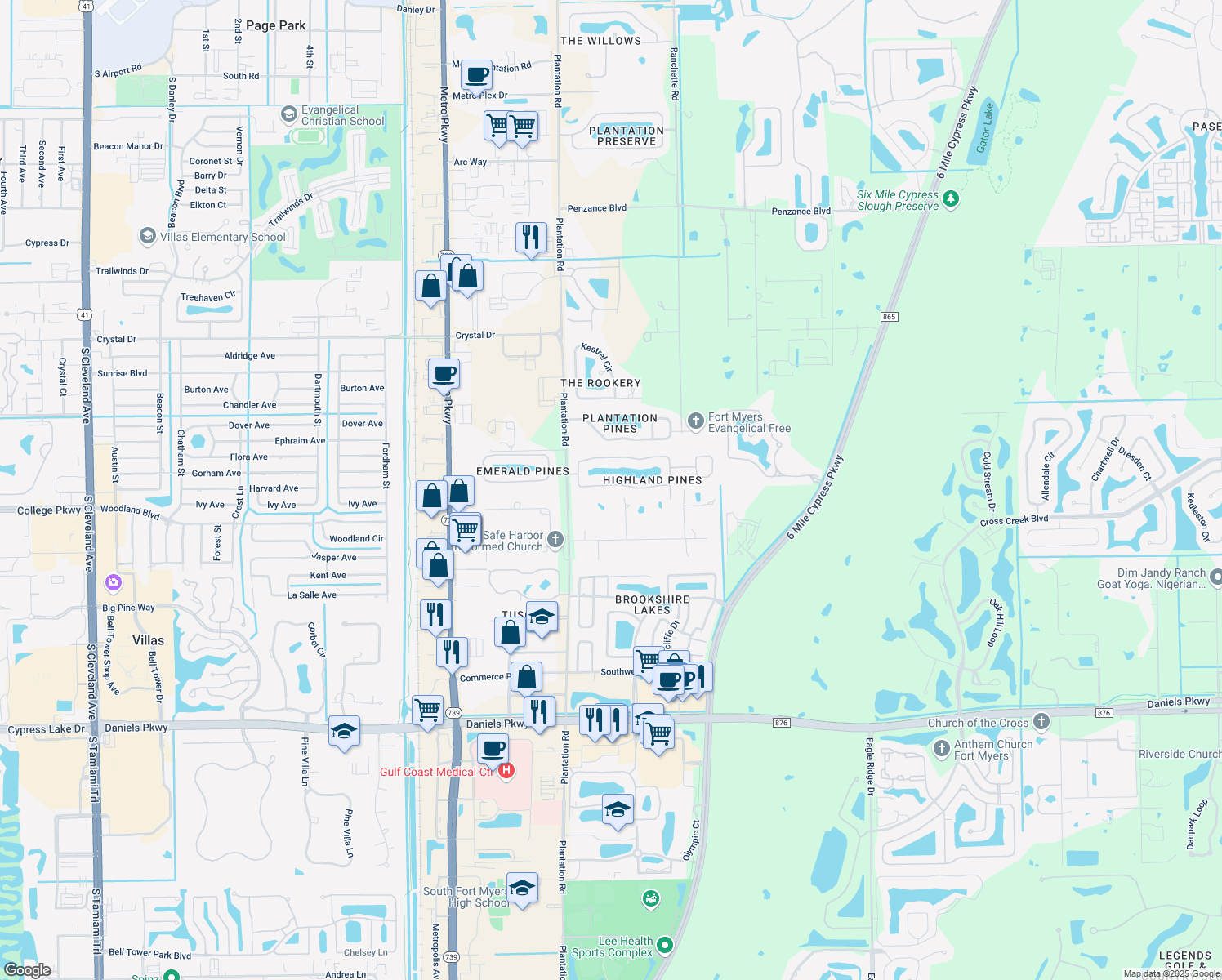 map of restaurants, bars, coffee shops, grocery stores, and more near 6807 Highland Pines Circle in Fort Myers