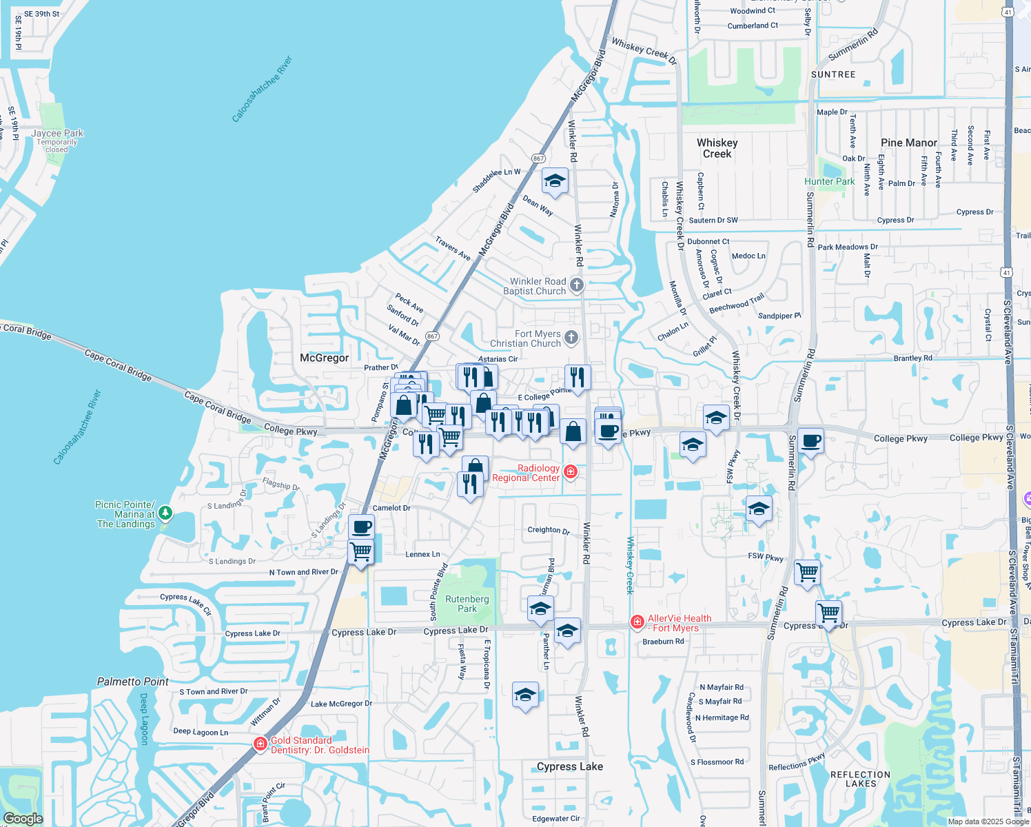 map of restaurants, bars, coffee shops, grocery stores, and more near 8910 College Parkway in Fort Myers