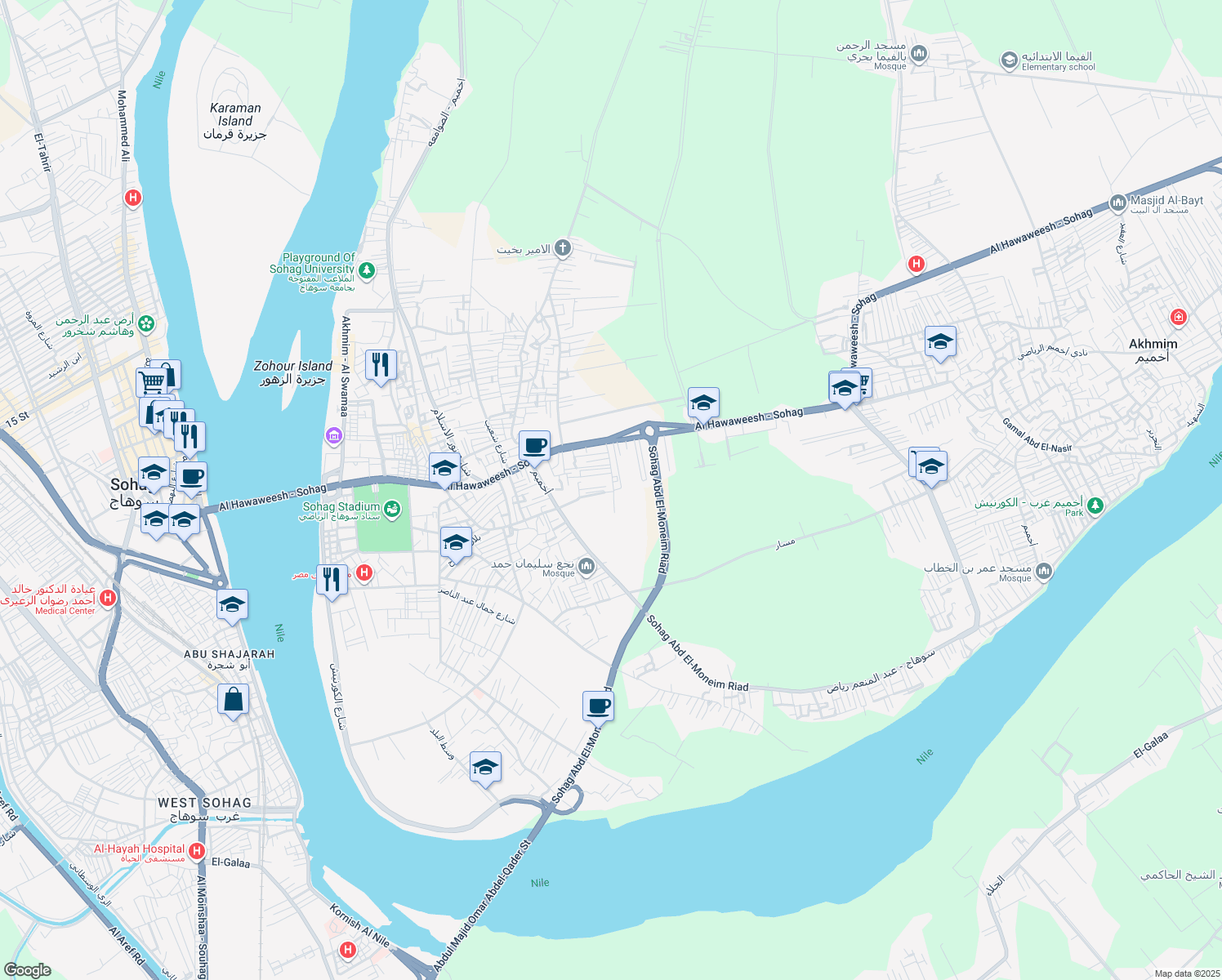 map of restaurants, bars, coffee shops, grocery stores, and more near in Akhmim