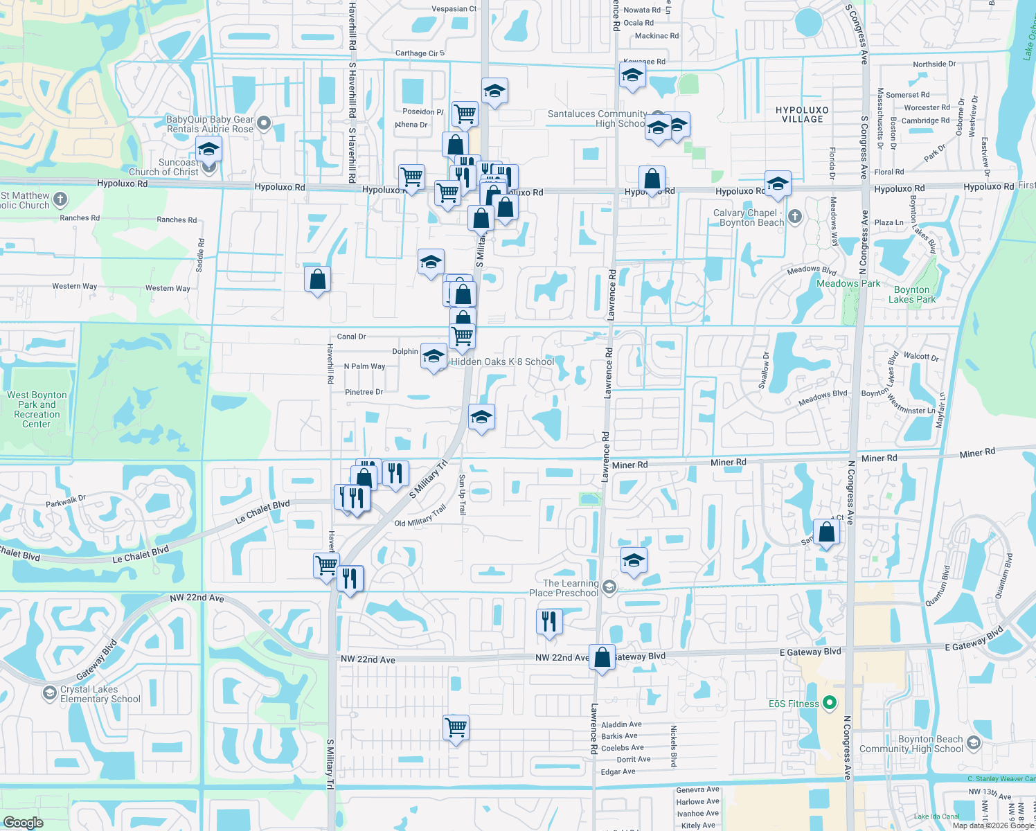 map of restaurants, bars, coffee shops, grocery stores, and more near 7760 Manor Forest Lane in Boynton Beach