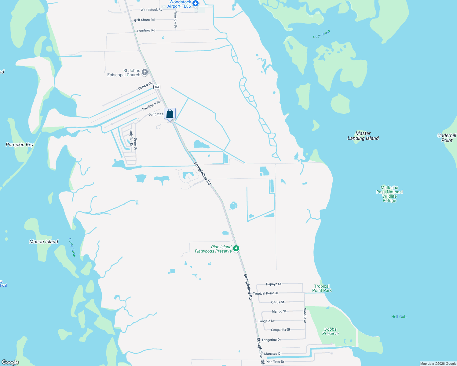 map of restaurants, bars, coffee shops, grocery stores, and more near 6820 Stringfellow Road in Saint James City