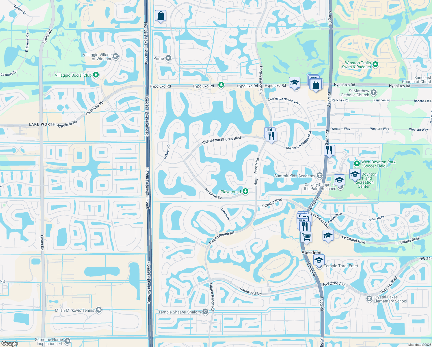 map of restaurants, bars, coffee shops, grocery stores, and more near 7445 Prescott Lane in Lake Worth