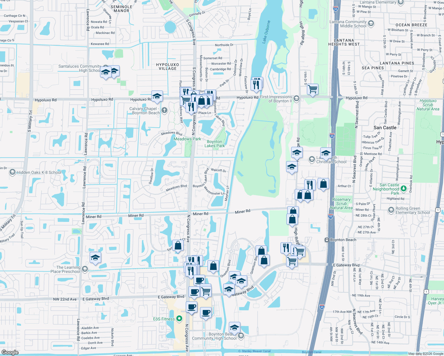 map of restaurants, bars, coffee shops, grocery stores, and more near 18 Winchmore Lane in Boynton Beach